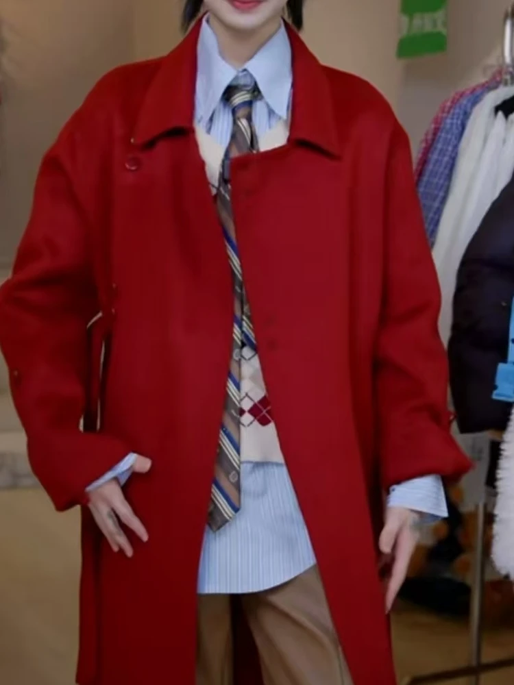 【济州岛】小翻领长款骆驼绒大衣 配腰带