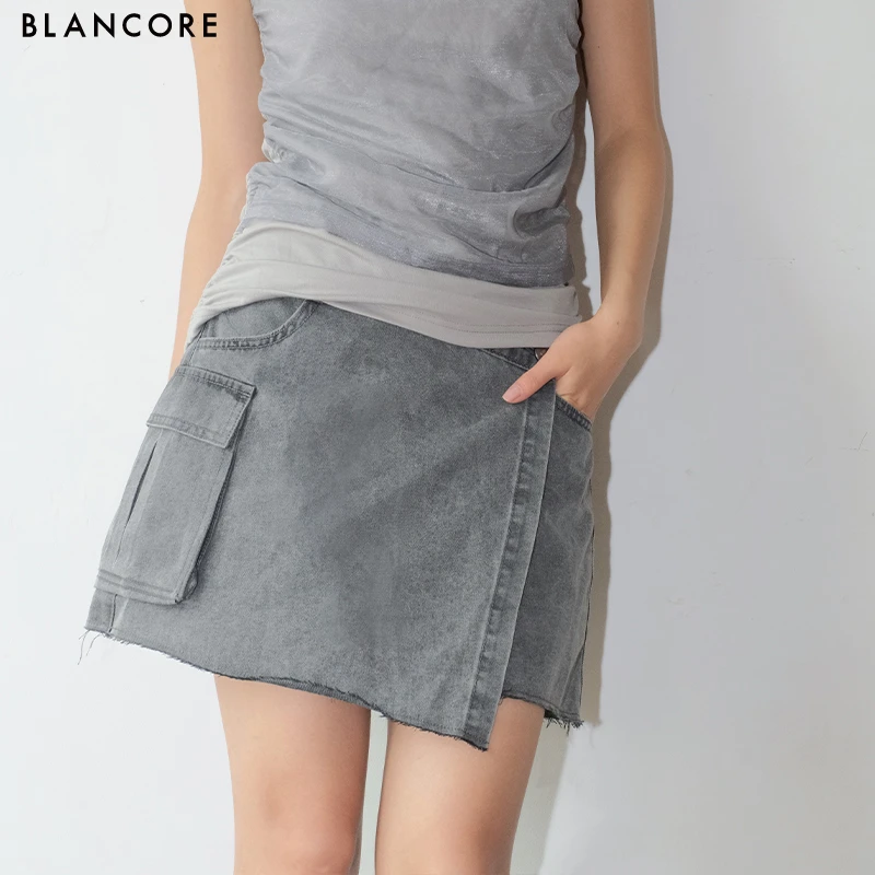 【设计师品牌BLANCORE】2025夏季新款不规则工装口袋牛仔裙裤半裙