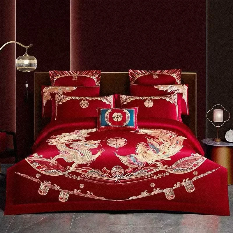 【龙凤传承】100%长绒棉大红色中式高档绣花喜床上四件套网红款