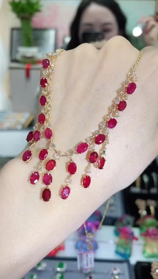 18K金镶嵌天然红宝石项链套链 K黄