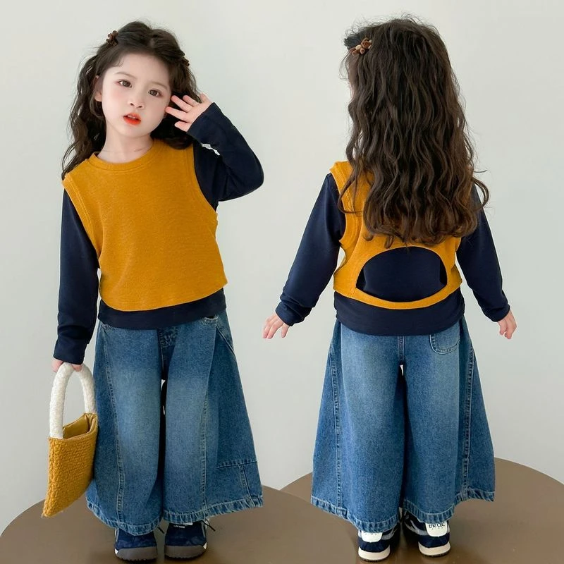 女童秋装套装2025新款韩版洋气儿童马甲牛仔裤女宝宝网红三件套潮