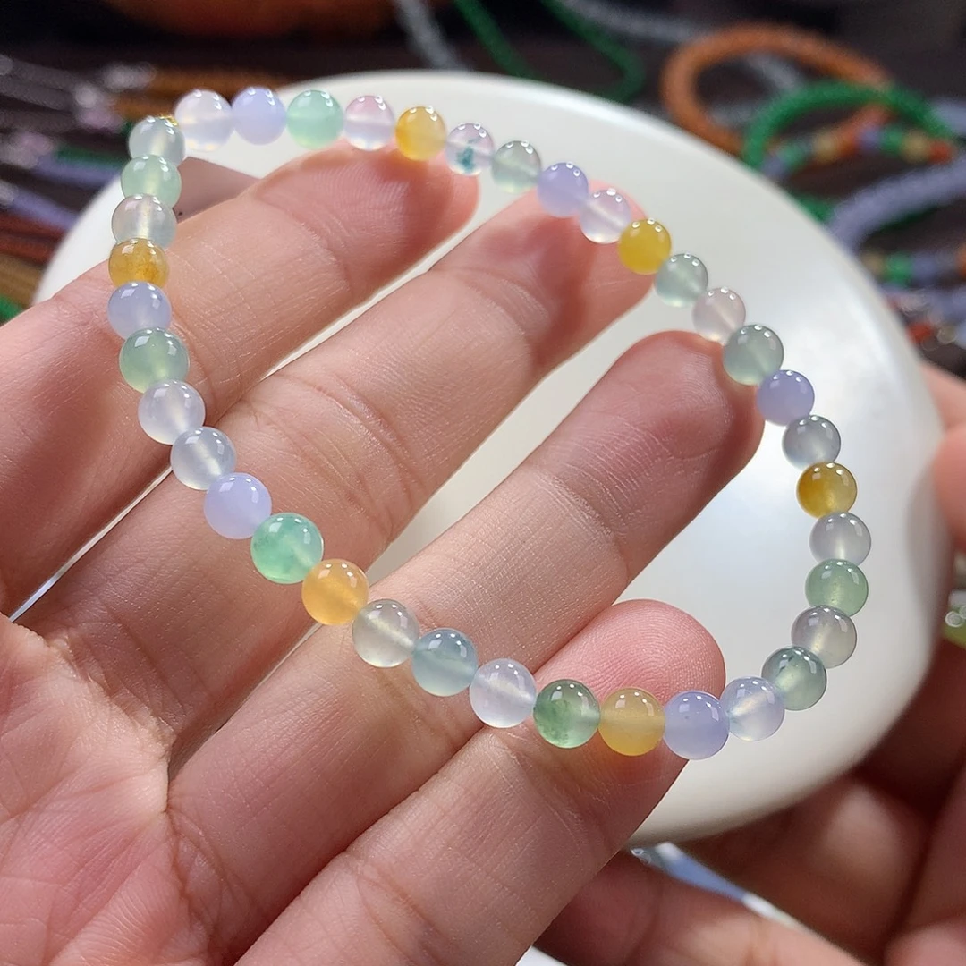 翡翠未镶嵌手链冰种幻彩马卡龙多宝单圈 卡4.9~5.4