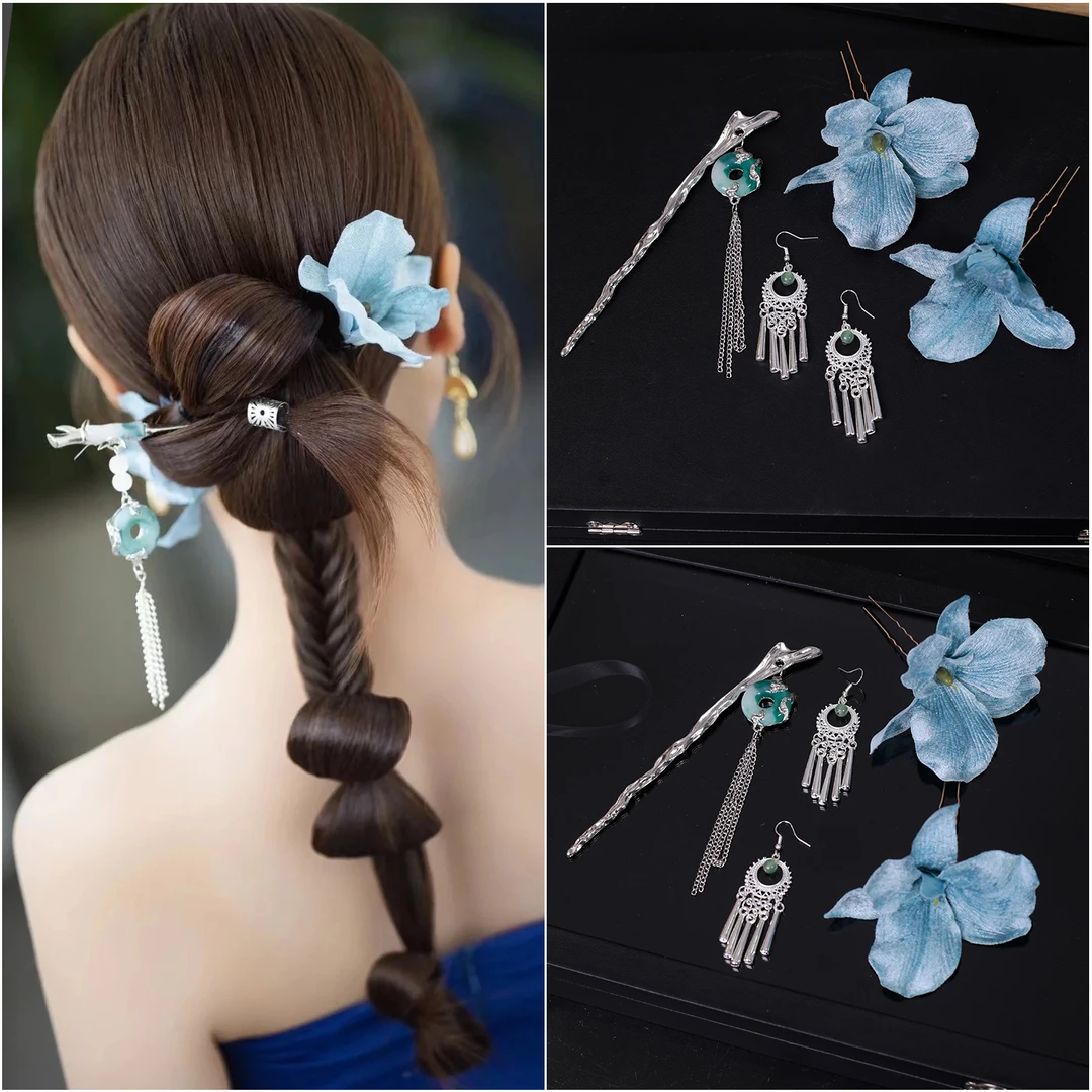 3810国风造型复古流苏发簪新中式仿真花发钗耳环套装晨袍婚礼饰品