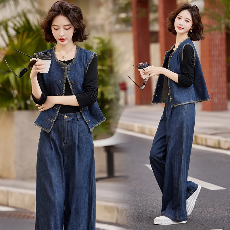 休闲港风复古牛仔套装女2025春秋季新款毛边背心宽松阔腿裤三件套