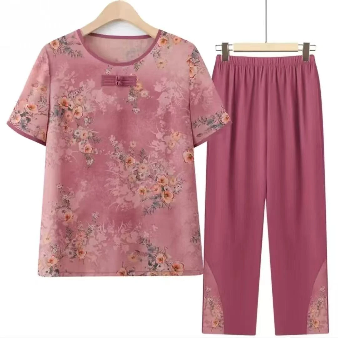 9145-奶奶夏装短袖圆领套装薄款印花开衫女装妈妈宽松两件套【F仓】