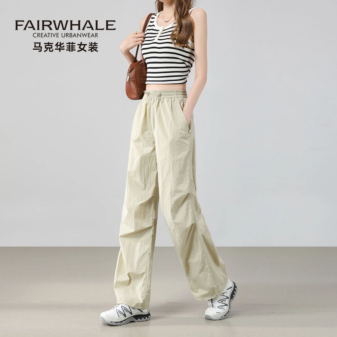 马克华菲2025夏季新款工装速干休闲裤女宽松阔腿束脚运动降落伞裤