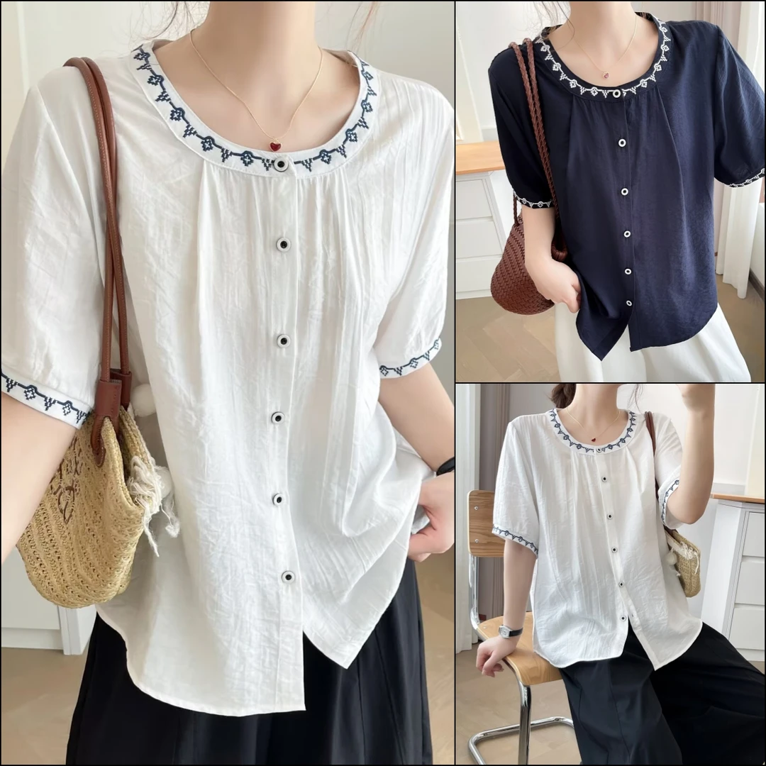 HUIZHIMEI/绘智美大码洋气小香风刺绣减龄宽松显瘦百搭圆领衬衫女