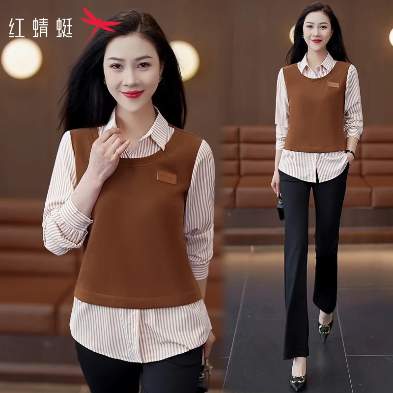红蜻蜓条纹衬衫拼接假两件卫衣女春秋款2025新款polo领打底衫上衣