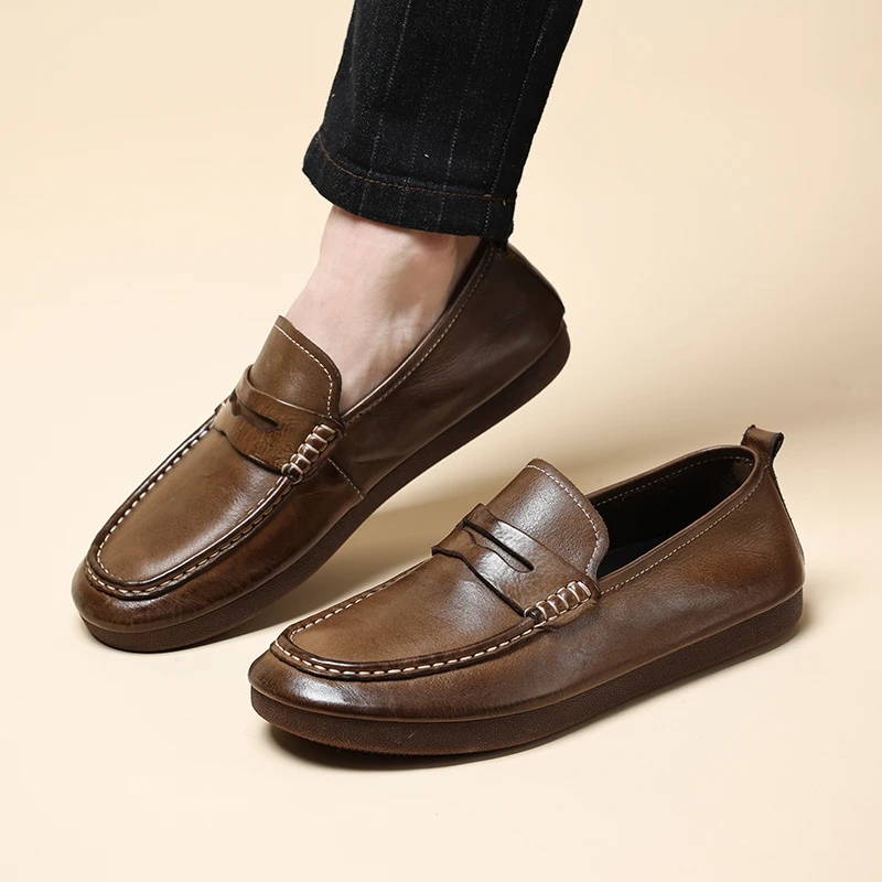 新款水洗工艺高端百搭乐福鞋简约休闲皮鞋一脚蹬懒人豆豆鞋男鞋