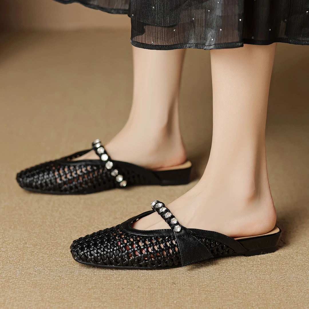 2.5CM,山茶花拖鞋镂空编织仙女风方头休闲女仙女风夏季女包头拖鞋