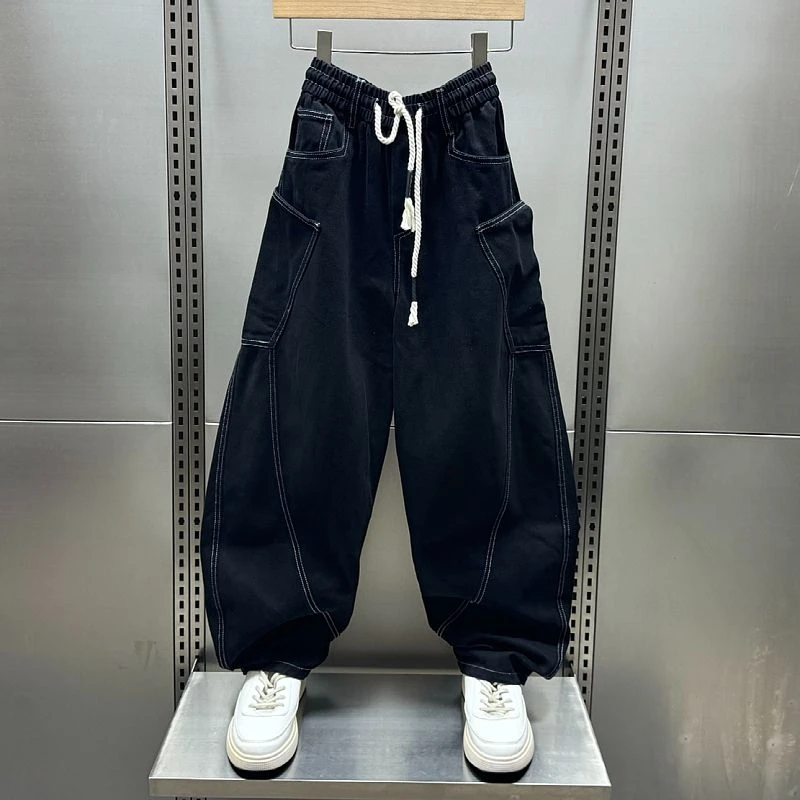 春秋新款潮牌宽松美式休闲牛仔裤男时尚明线直筒弯刀裤阔腿长裤潮