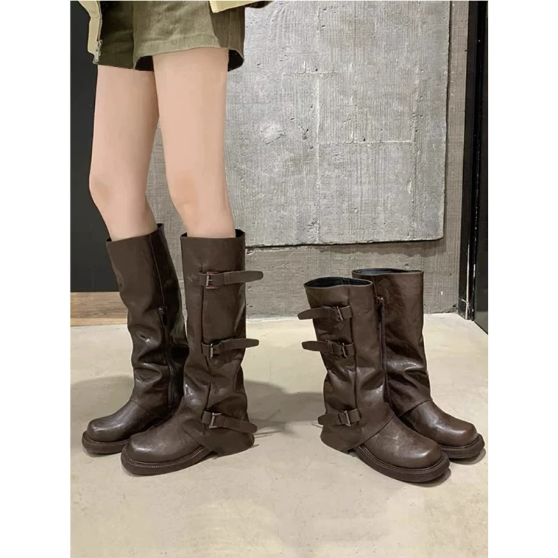牛皮~厚底皮带扣西部靴子圆头中筒骑士靴女秋褶皱高筒堆堆靴长靴