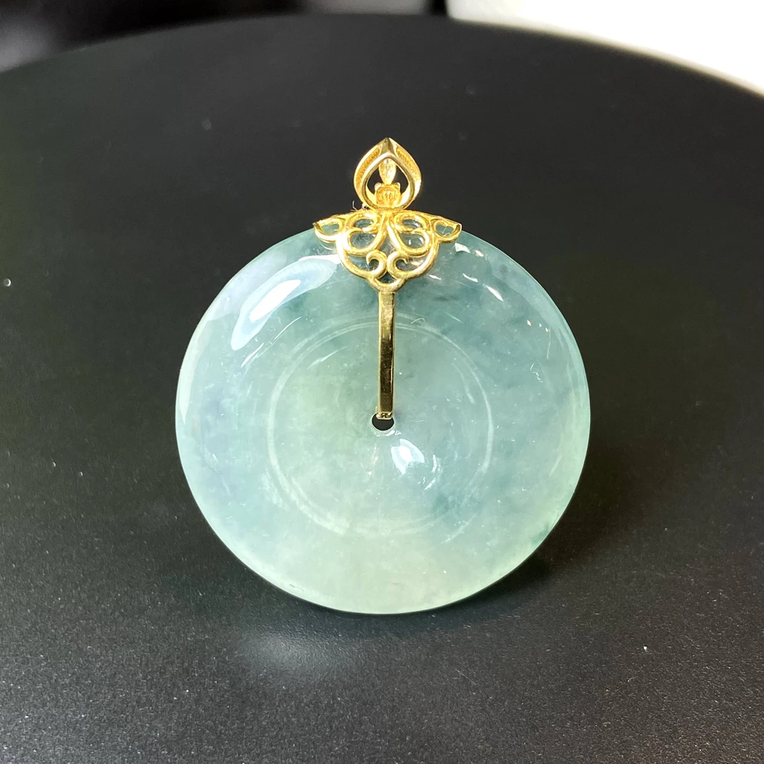 RX23天然缅甸A货翡翠金镶冰胶绿平安扣/018702/北京中保拍卖