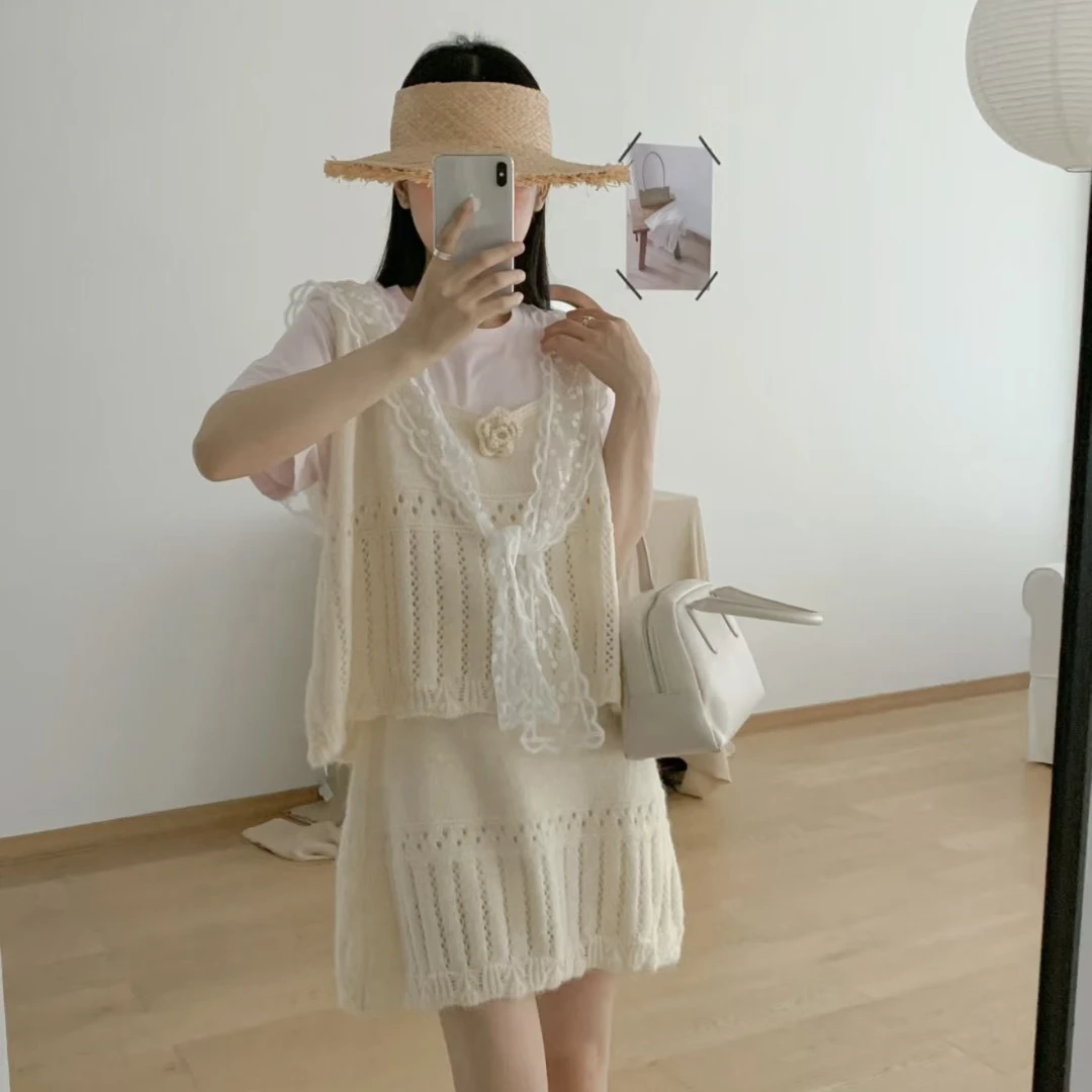 203-披肩款甜美温柔风针织马甲毛线半身裙两件套秋冬毛衣套装女