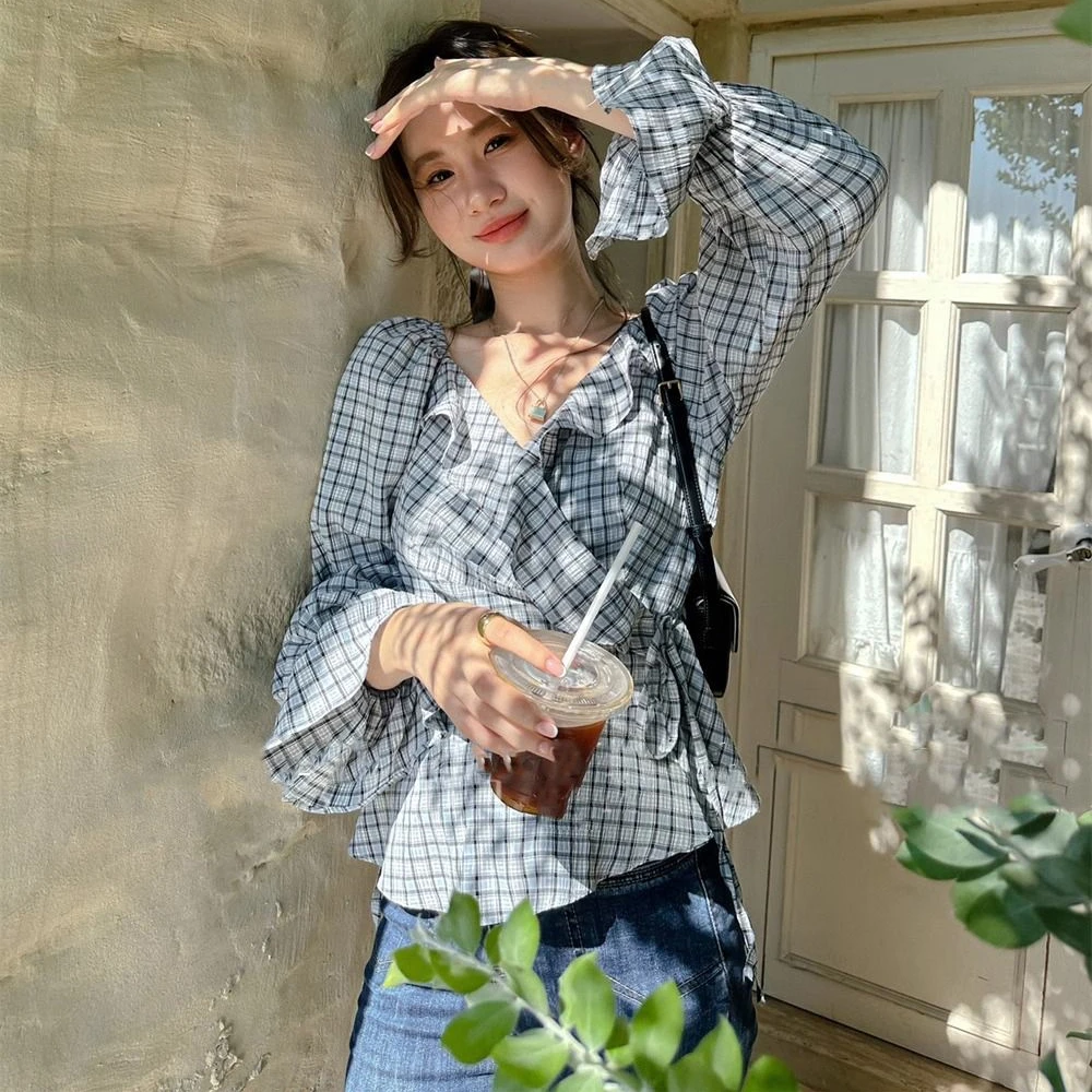 1873水波皱印花原版做法有内衬 格子衬衫显瘦设计感V领交叉系带