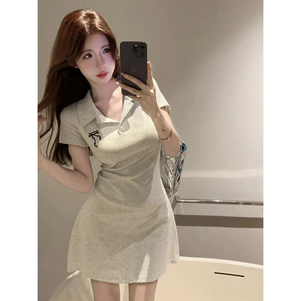 夏季纯欲风甜辣妹polo领刺绣短袖女连衣裙运动风紧身包臀收腰短裙