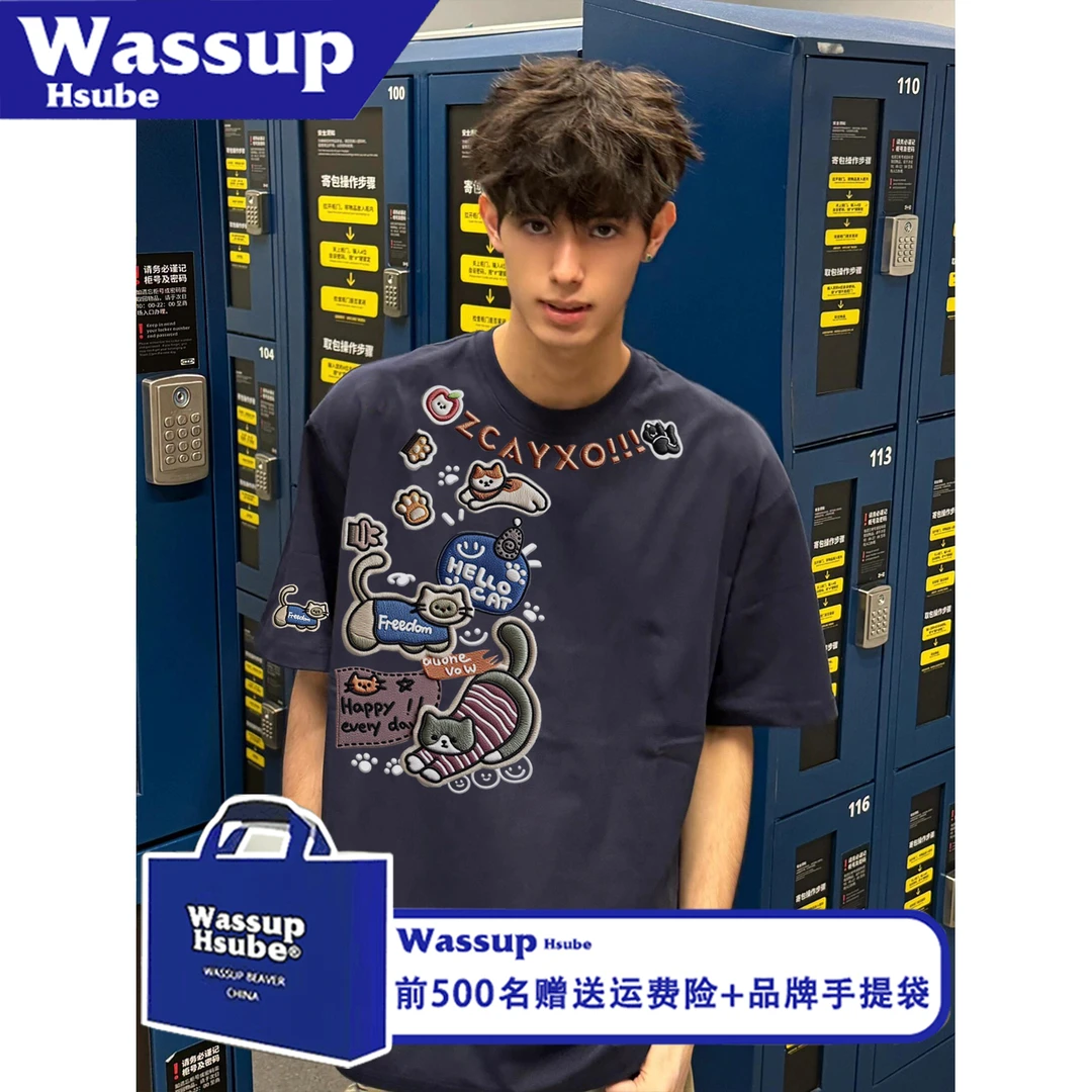 WASSUP HSUBE美式个性时尚夏季印花短袖T恤卡通贴纸男女款纯棉tee