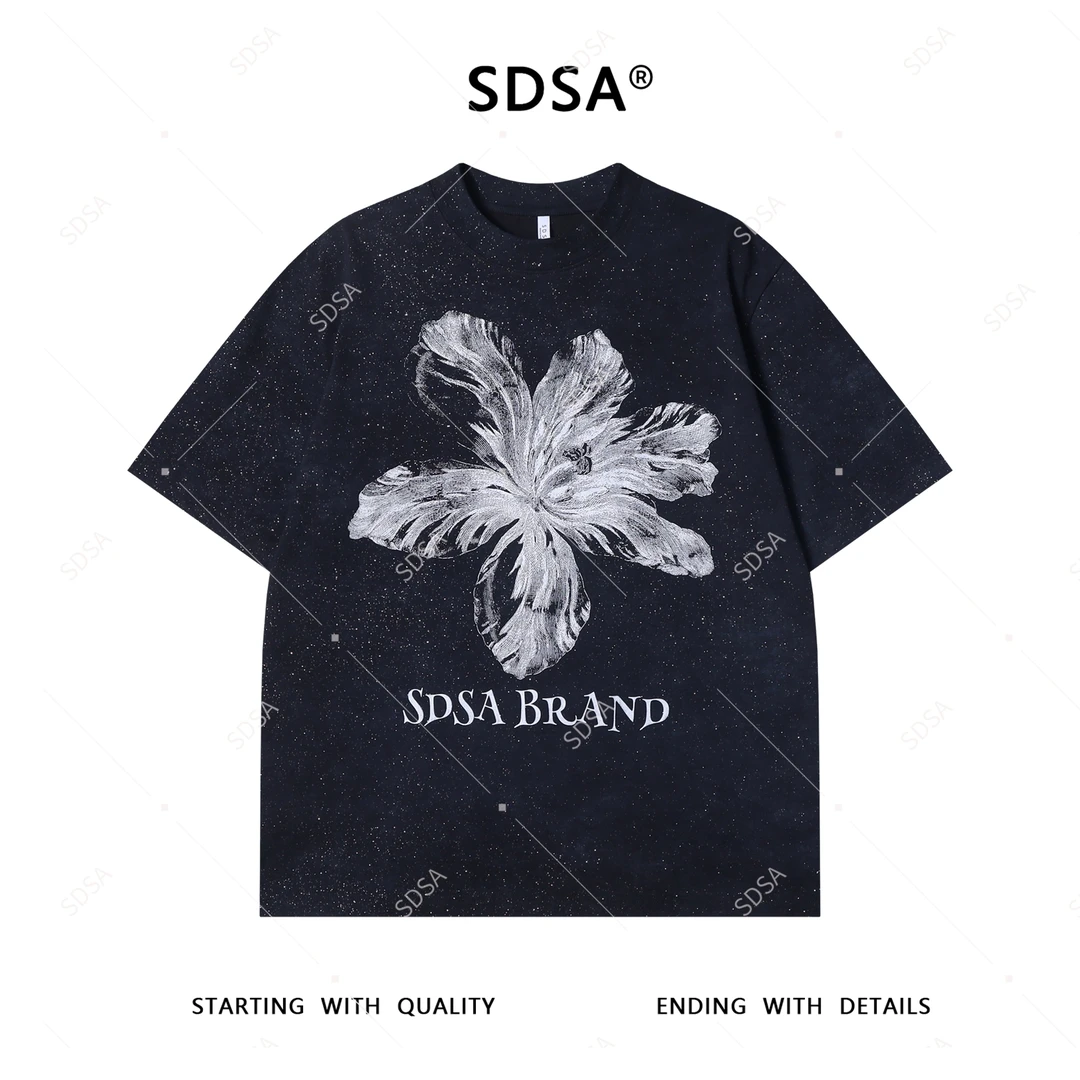 夏季高级感新款男士潮牌满天星花朵字母印花设计圆领短袖T恤时尚