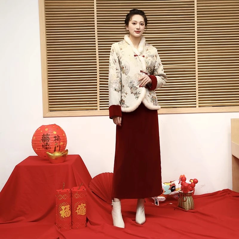 新年战袍亲子母女款新中式撞色拼接刺绣棉服外套半身裙两件套装女