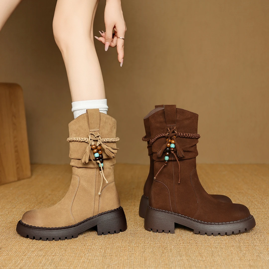 2025秋冬新款小个子厚底不过膝中筒靴粗跟复古百搭时尚中跟长靴女