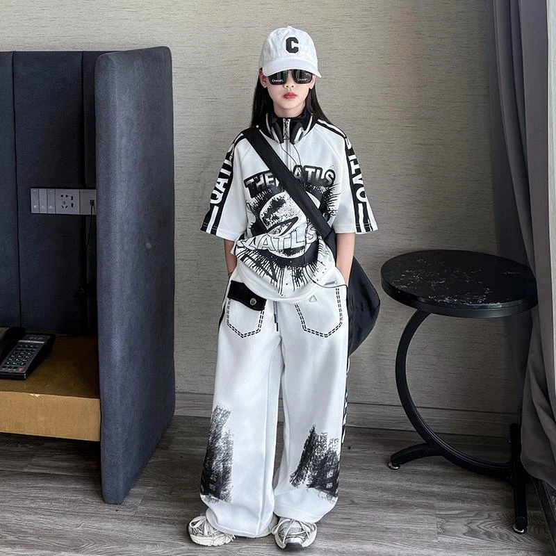 轻奢夏装潮酷运动休闲套装大儿童又酷又飒童装女孩夏装街舞表演服