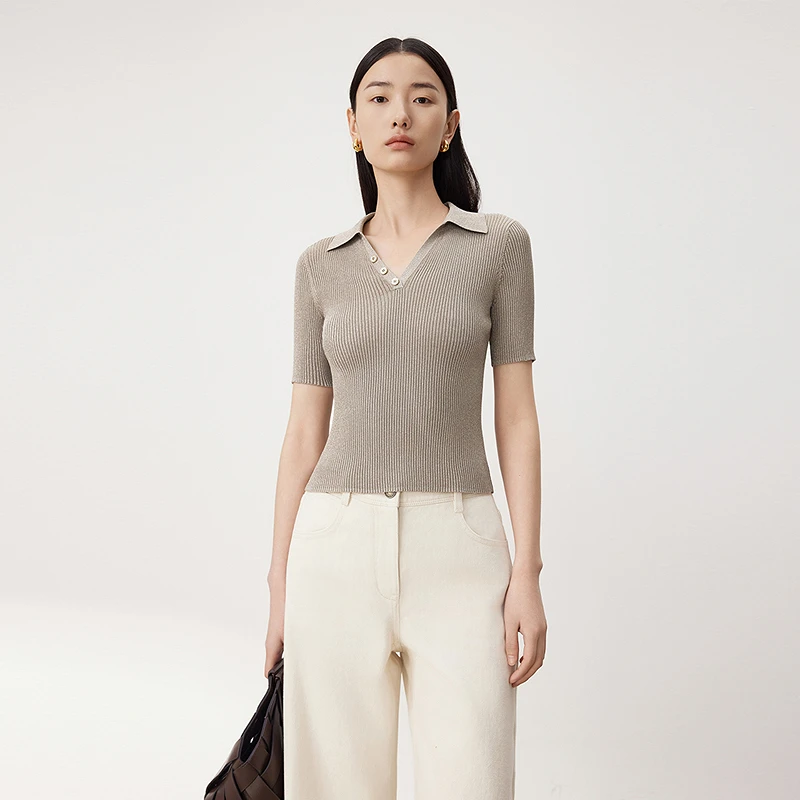 LANCY/朗姿夏季米色气质翻领针织衫短袖套头polo领修身上衣女