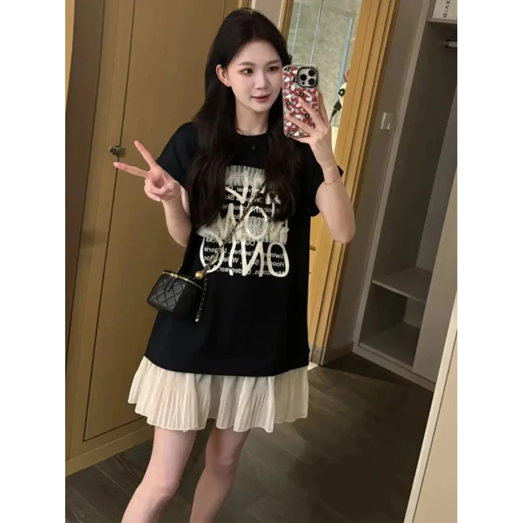 法式撞色拼接字母印花假两件连衣裙女夏季洋气宽松减龄短袖恤裙