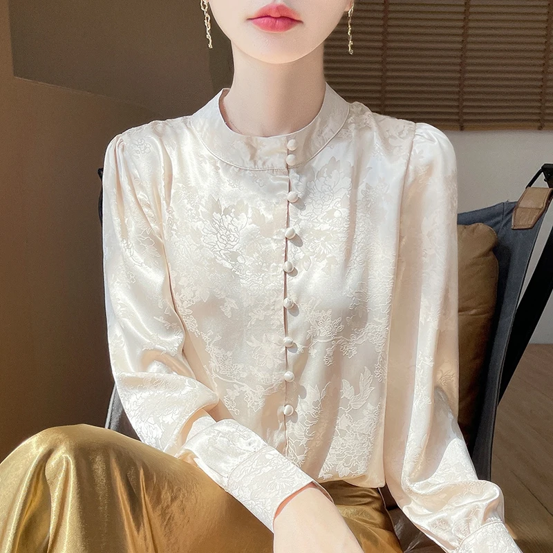 新中式斜襟衬衫女款立领重工刺绣提花衬衣2025新款高级感长袖上衣