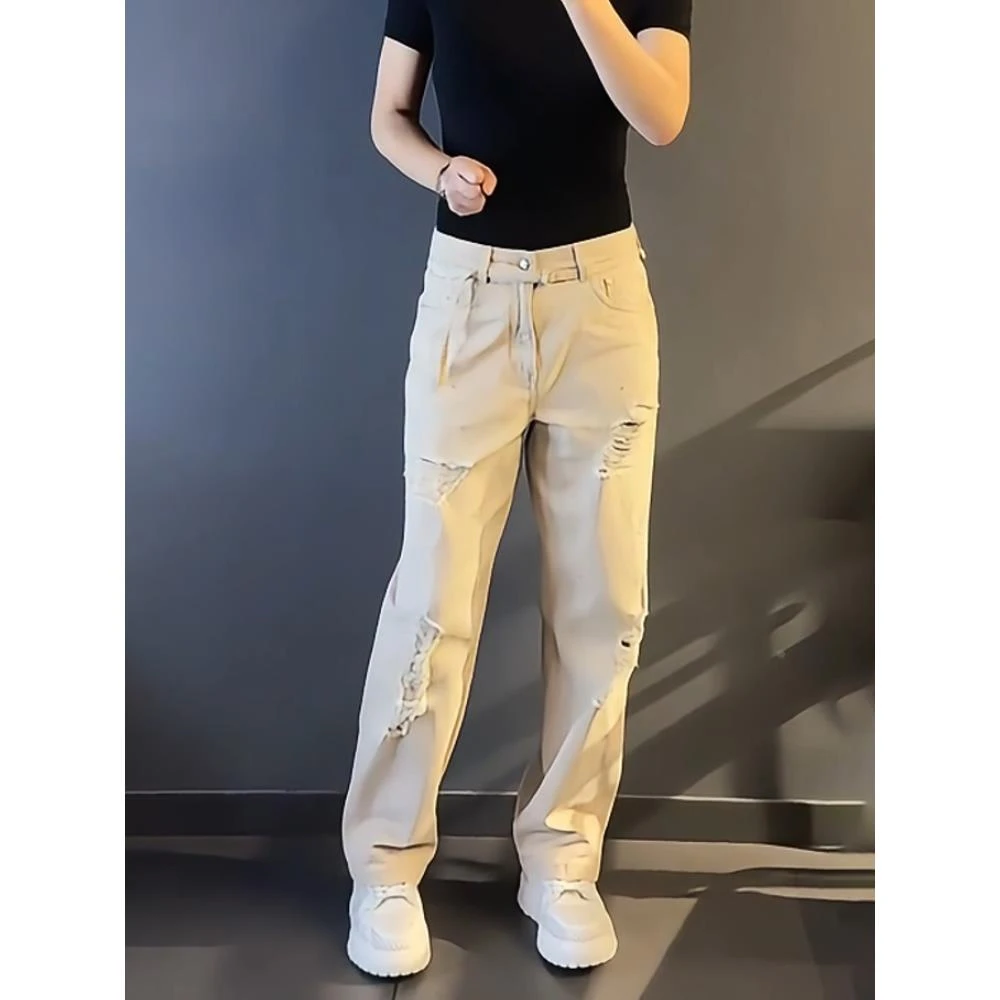 轻奢男装大码秋冬男士百搭显瘦破洞时尚牛仔裤宽松直筒裤设计感潮