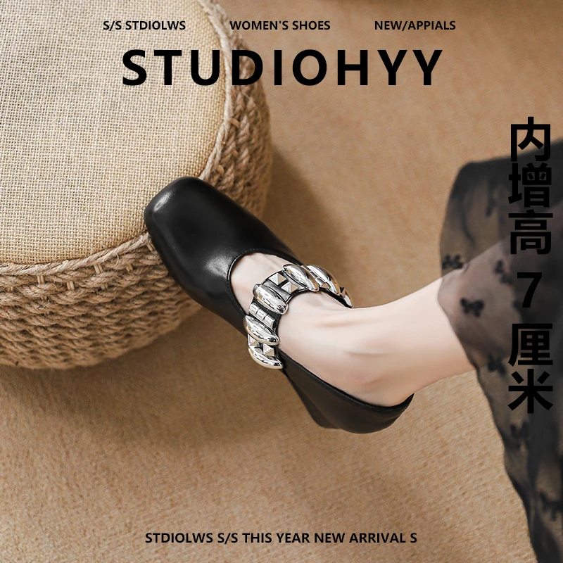 【禾央央】7cm踩屎感~内增高玛丽珍鞋女粗跟软底方头浅口奶奶单鞋女