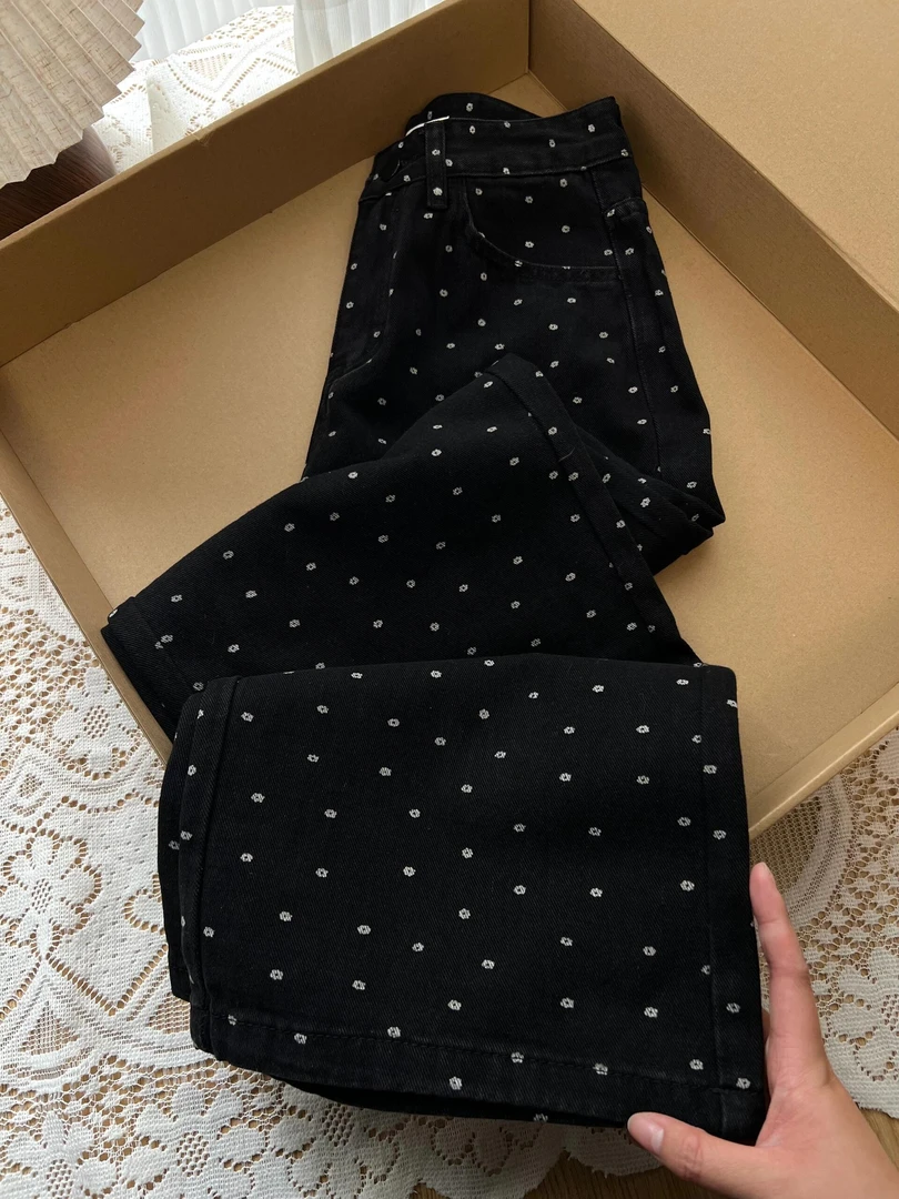 大码美式复古黑色波点碎花牛仔裤女夏季高腰直筒阔腿拖地窄版裤子