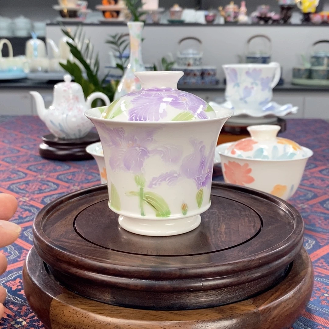 鸢尾花盖碗釉下手绘高温
