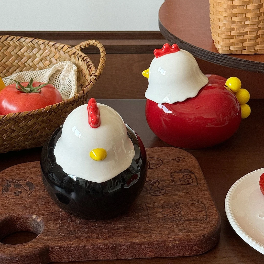 原创设计款高颜值小鸡牙签罐陶瓷牙线棉签收纳盒水果叉装饰摆件