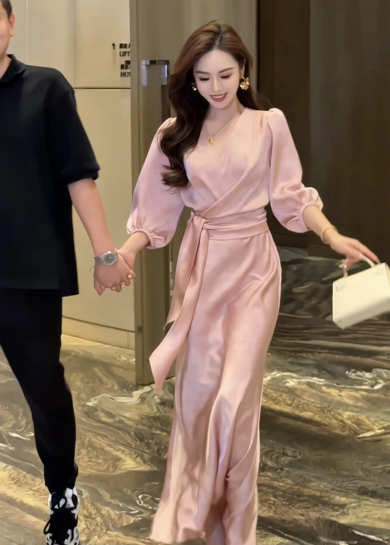 【现货秒发】DL130夏季时尚灯笼袖腰围系带设计感醋酸提花连衣裙