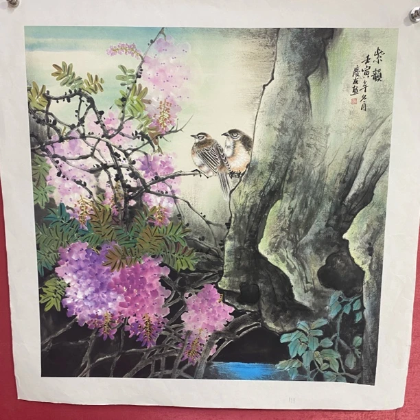 李老师四尺斗方紫藤花鸟