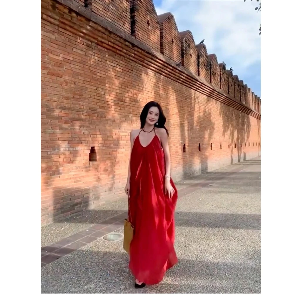 【现货+运补】度假风紫色挂脖吊带连衣裙夏季气质v领仙女长裙4092