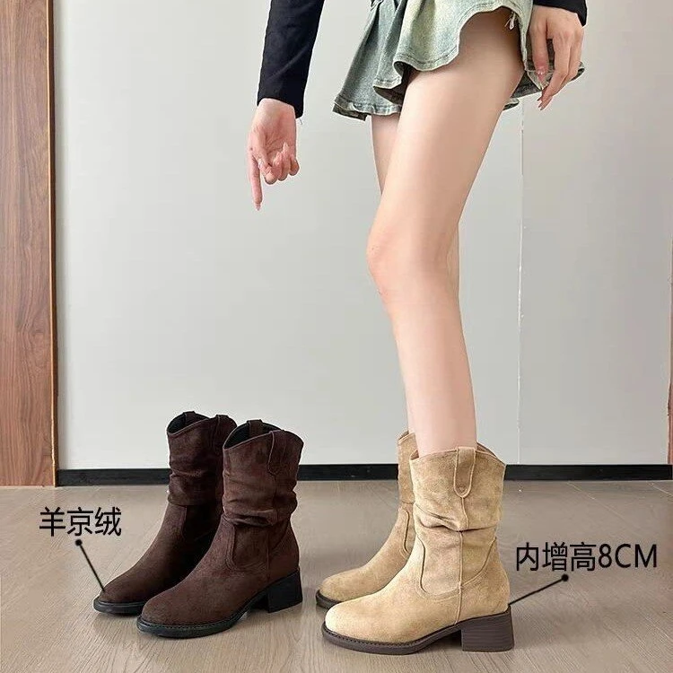 2025新款8CM时装靴粗跟美拉德马丁靴女秋款中筒显瘦堆堆复古女靴