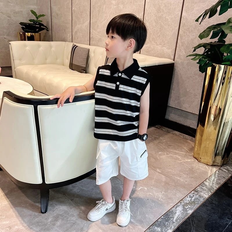 儿童韩版条纹POLO套装男童夏款帅气无袖POLO衫短裤两件套时尚潮帅