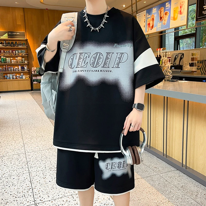 夏季青少年新款宽松透气圆领短袖套装薄款学生男字母帅气休闲套装