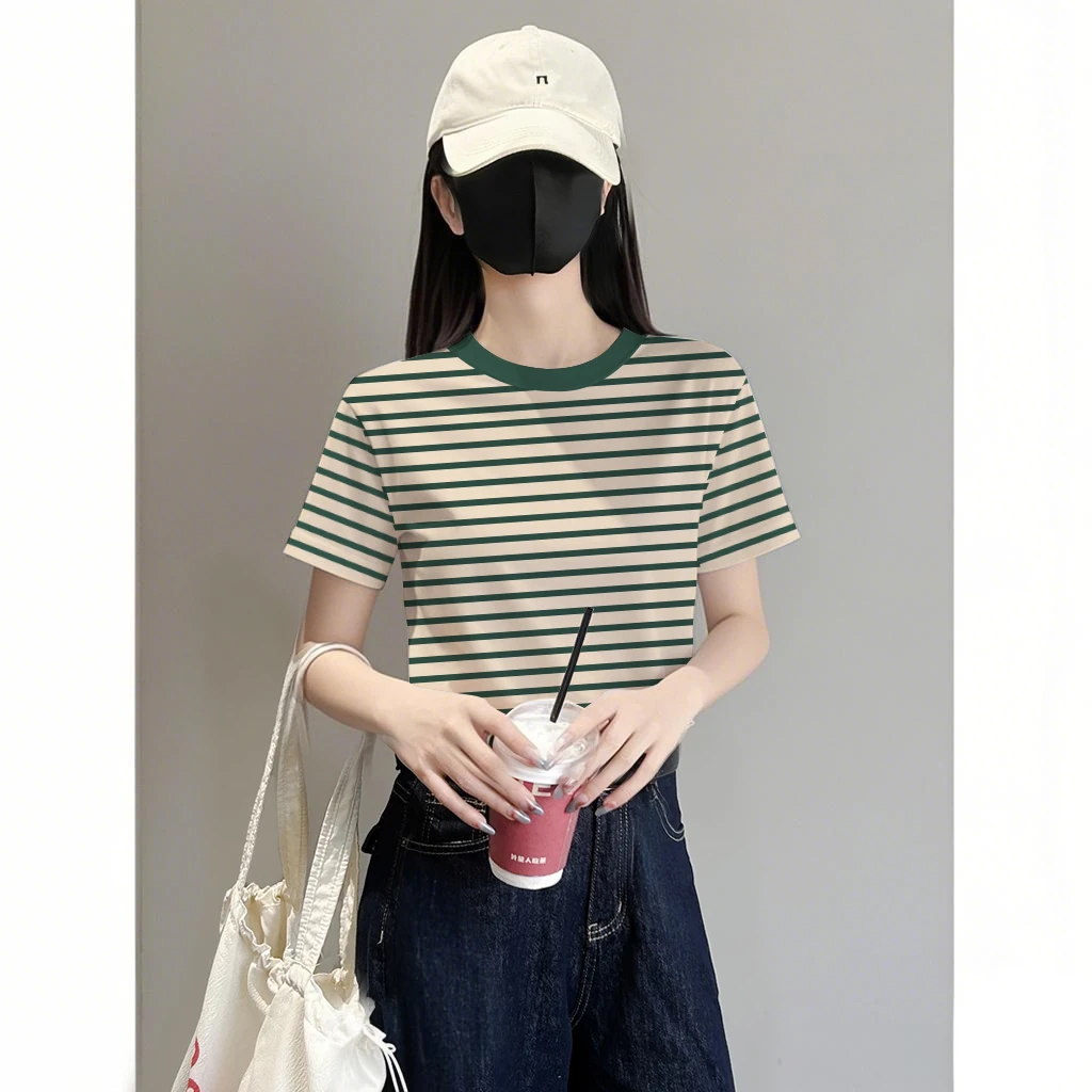 爆款百搭条纹纯棉短袖t恤女2025夏季新款洋气宽松上衣打底衫欧货