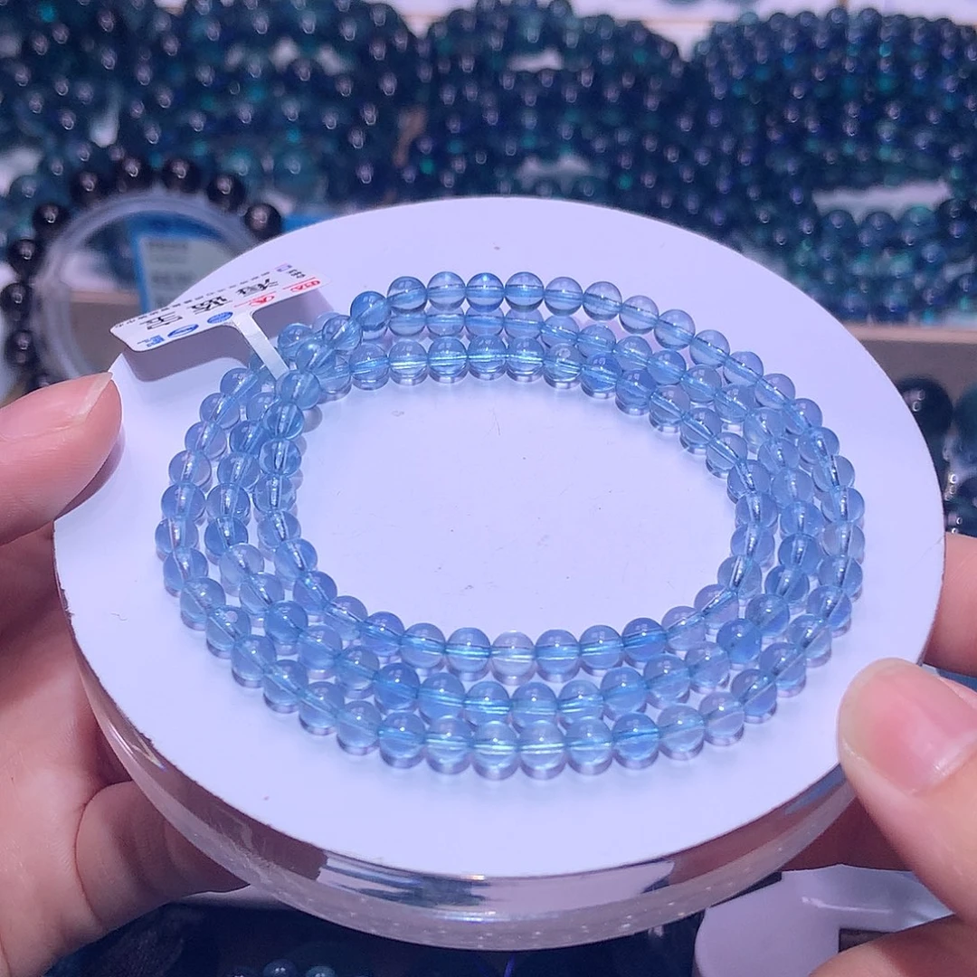 未镶嵌手串水晶冰透圣蓝海蓝宝三圈4.8mm380元（拍5件）