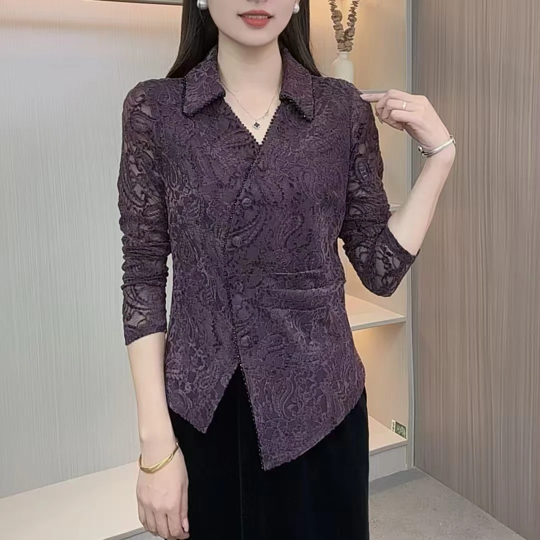 2025秋季翻领长袖植绒蕾丝衬衫领开衫气质百搭时尚显瘦洋气上衣90