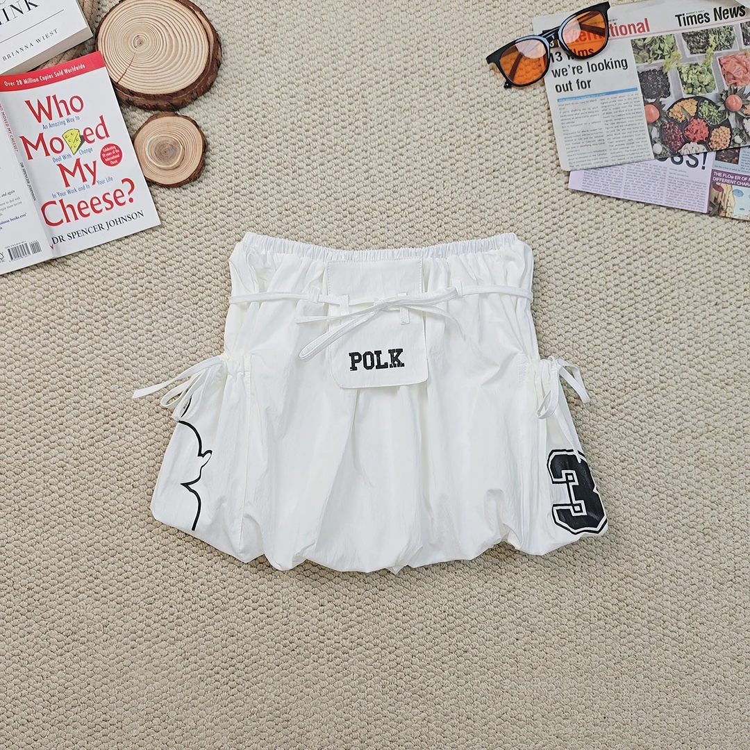 2025夏季新款休闲宽松字母印花绑带花苞蛋糕短裙3247