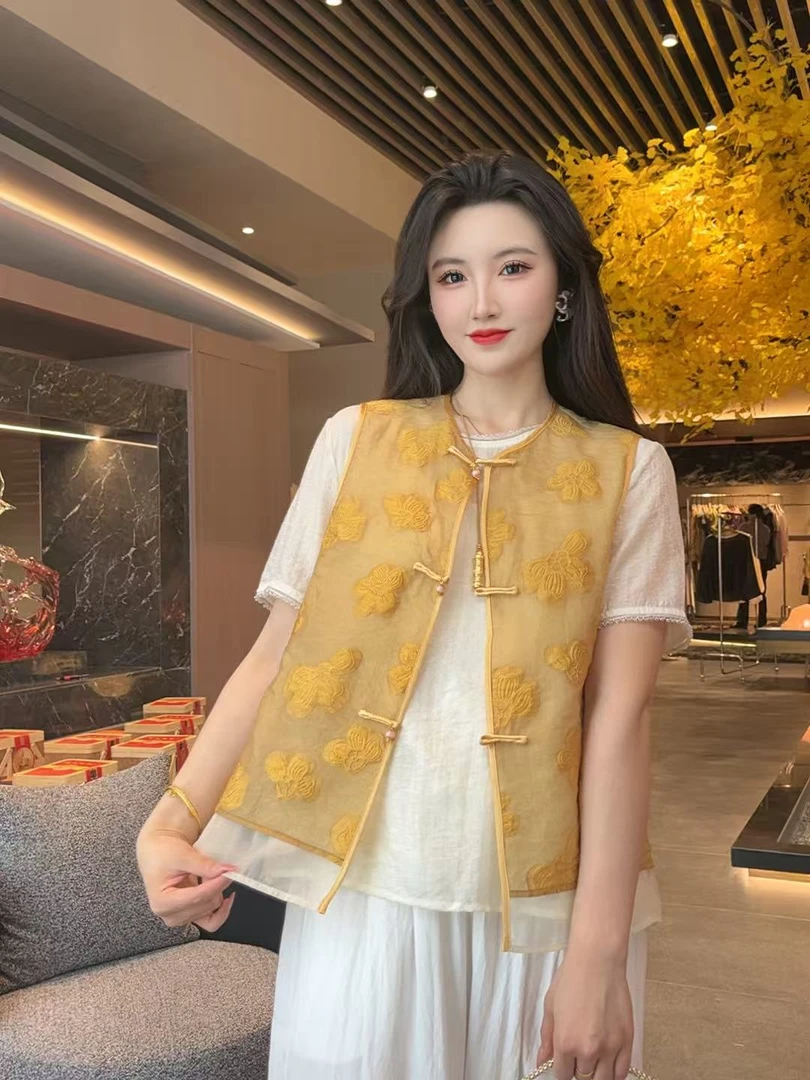 【月棠】2025新款夏季马甲新中式宽松圆领提花气质上衣马夹女款