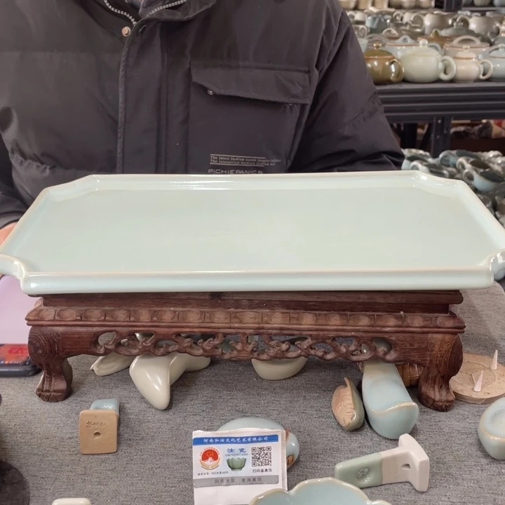 摆件天青釉大长方茶盘