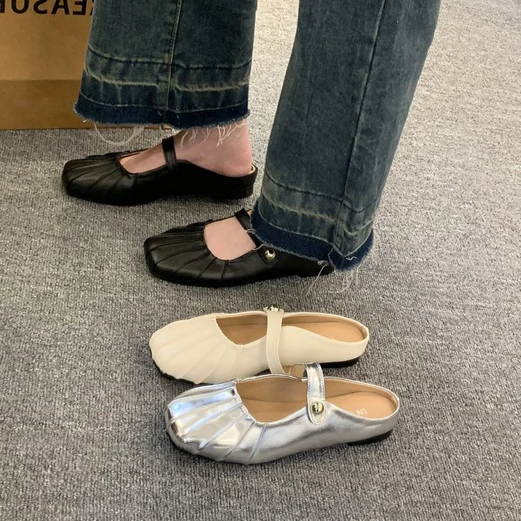 银色包头半拖鞋女外穿2025新款夏季玛丽珍高级感穆勒鞋平底凉拖鞋