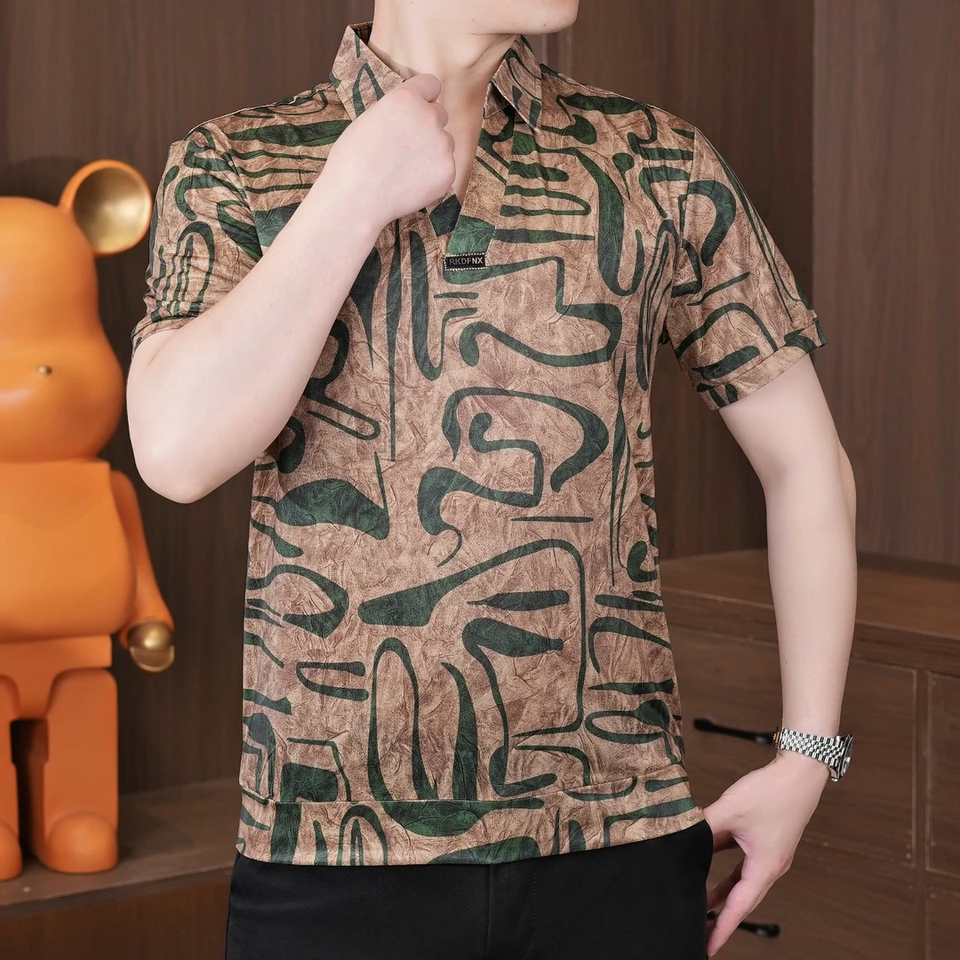 男休闲翻领拼色潮流夏季时尚百搭半袖薄款