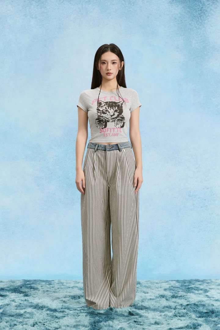 SOFITTE 25SS 灰色手绘闪粉印花修身短款T恤