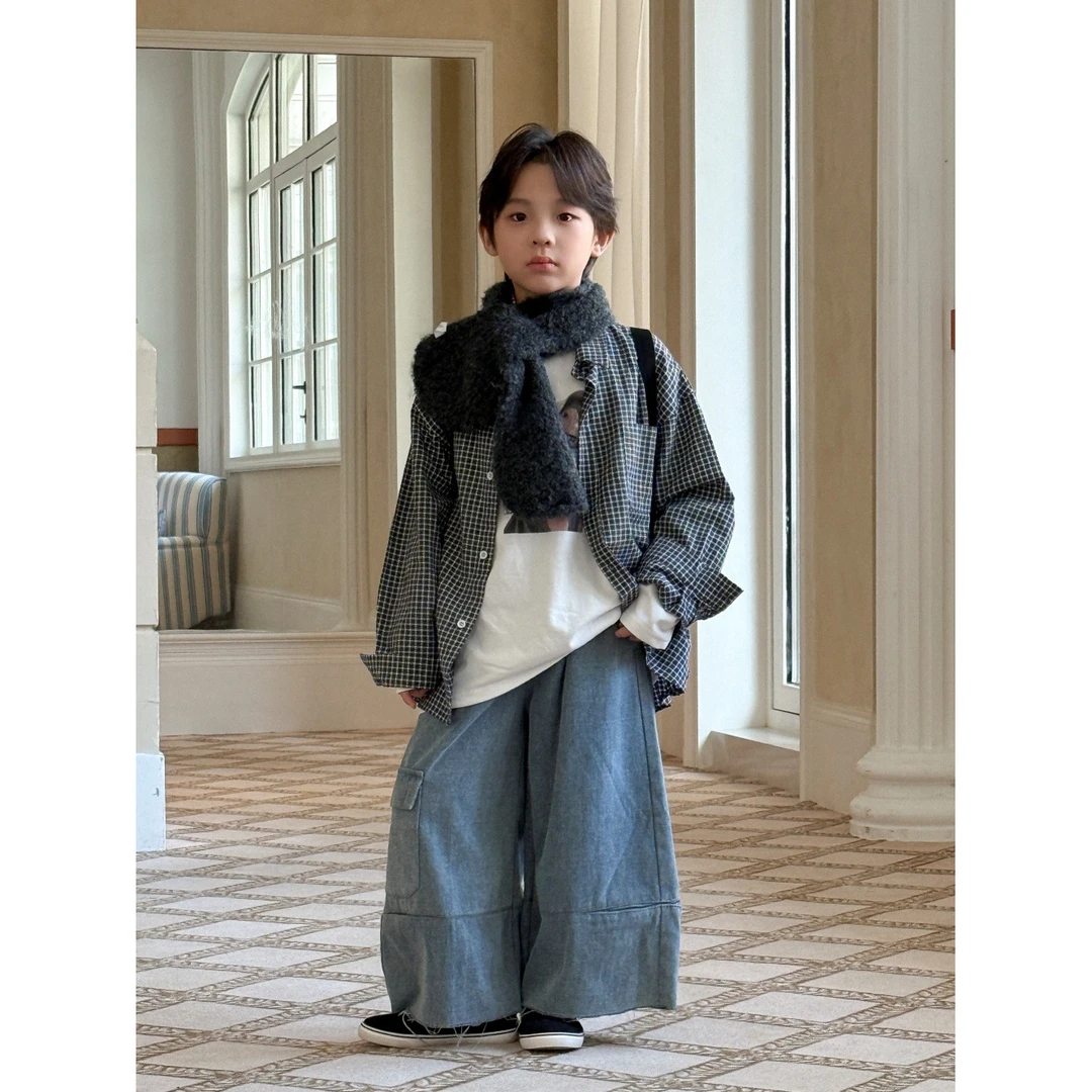 韩版时尚夏季中大童男童深灰色70%棉柔软处理翻领长袖格子衬衫适