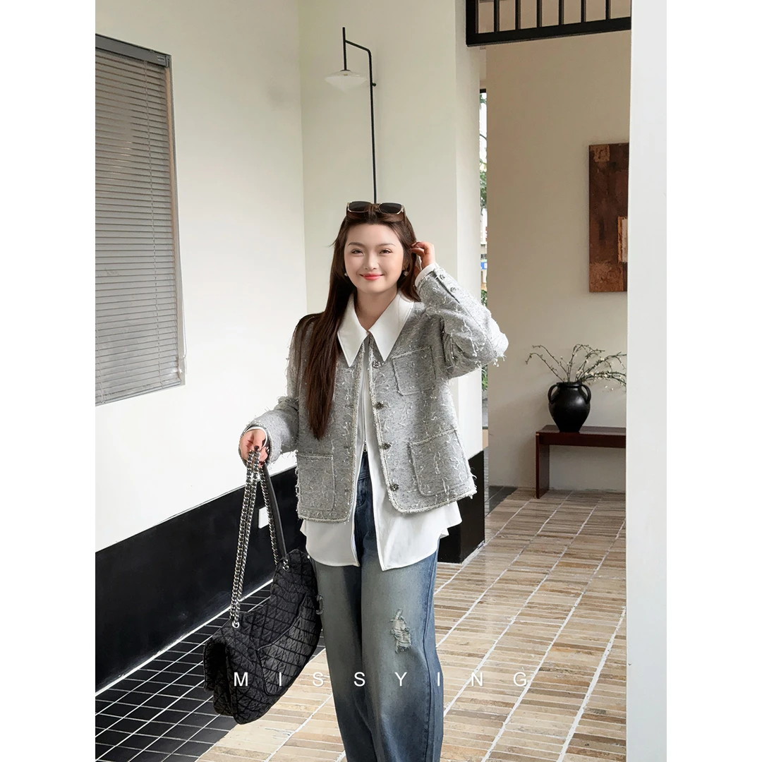 应小姐【海盐焦糖】微胖大码秋季拉毛宽松显瘦精致高级感小香风外套